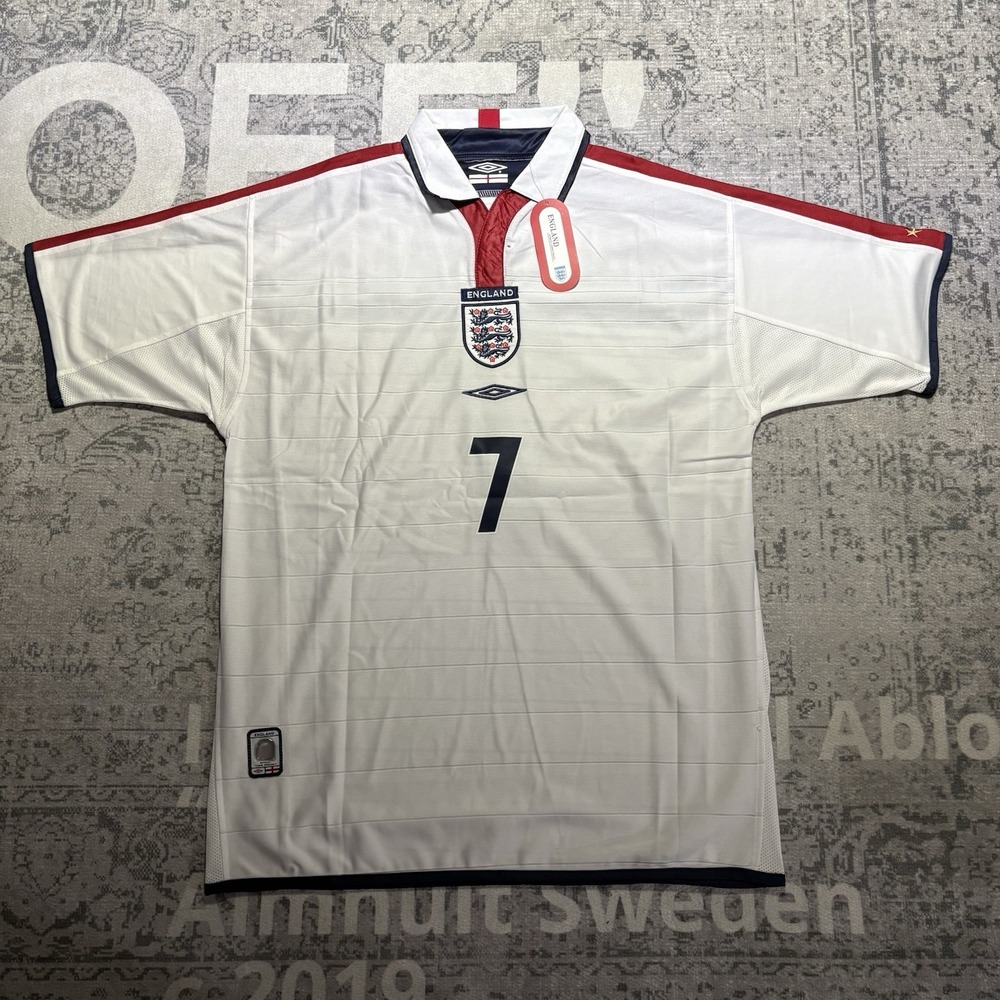 England 1998 David Beckham #7 Retro Home Soccer Jersey White Umbro Vintage M NWT